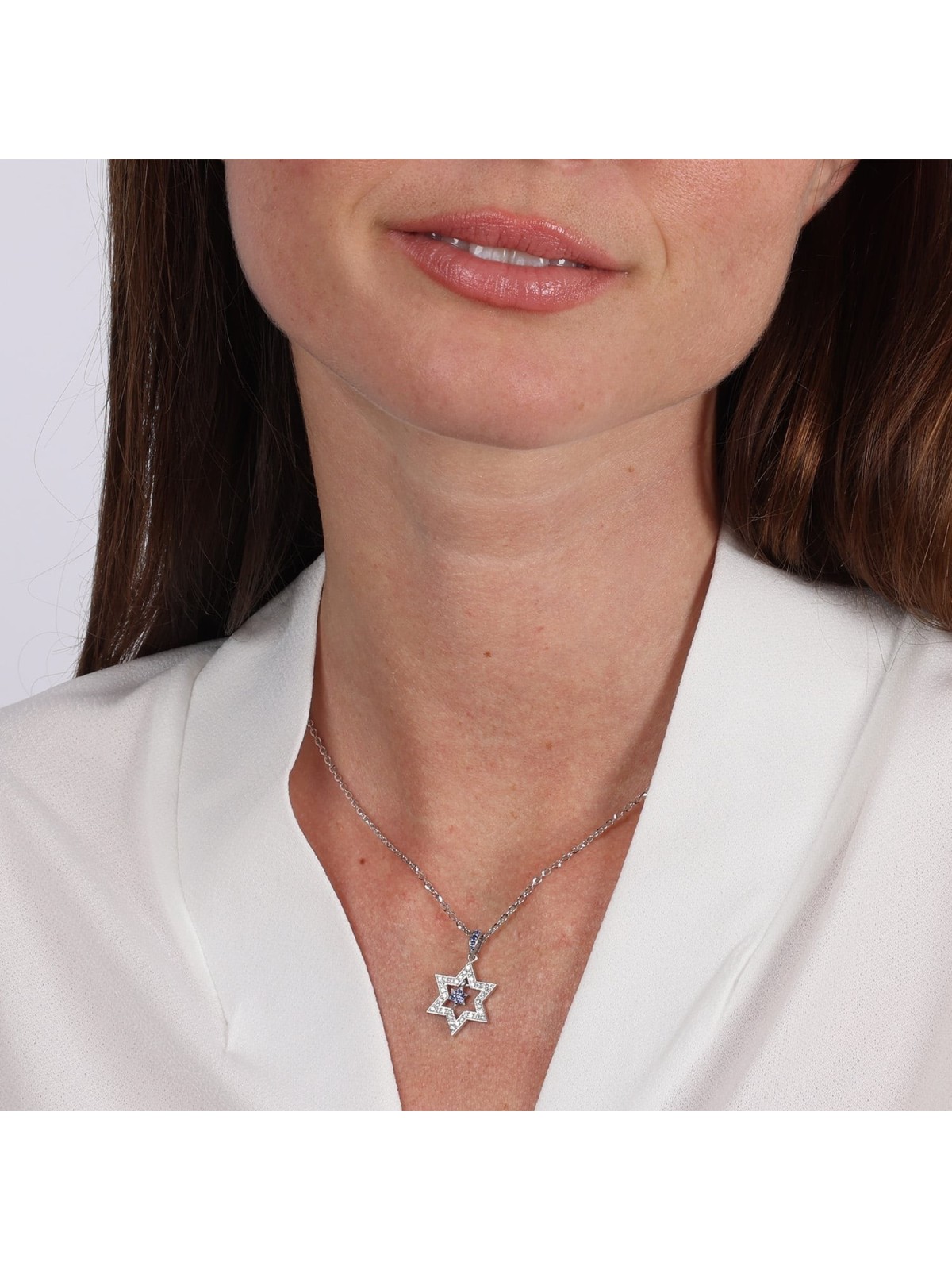 Women's 14K White Gold Double Dangling Star of David Pendant with Diam
