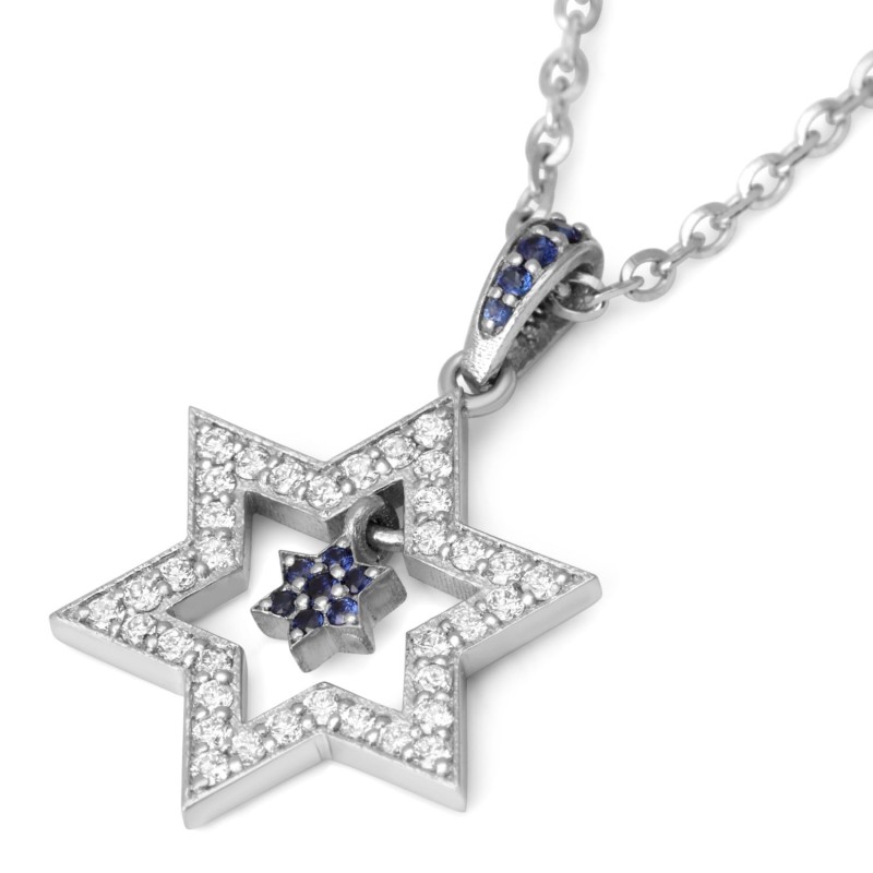 Pendentif double étoile de David pendante en or blanc 14 carats pour femme avec diamètre