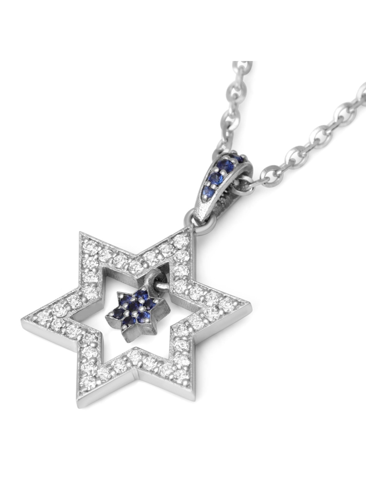 Women's 14K White Gold Double Dangling Star of David Pendant with Diam