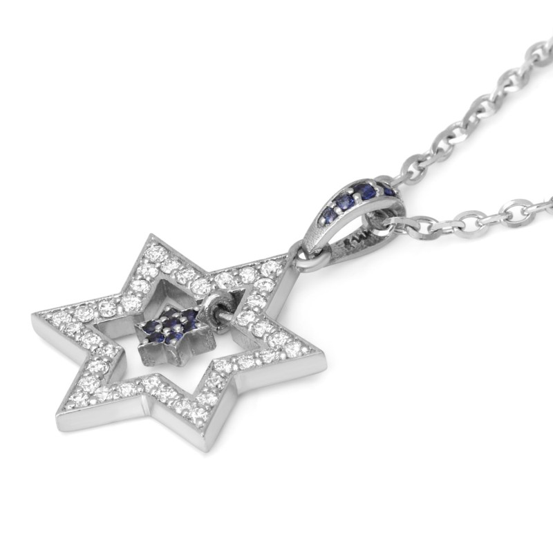 Pendentif double étoile de David pendante en or blanc 14 carats pour femme avec diamètre