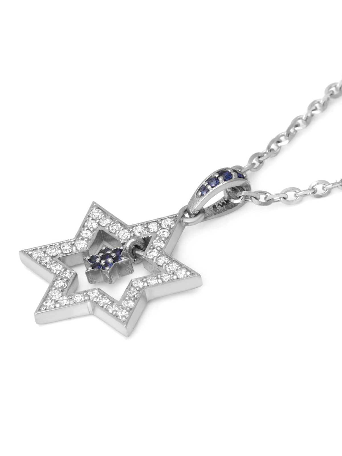 Pendentif double étoile de David pendante en or blanc 14 carats pour femme avec diamètre