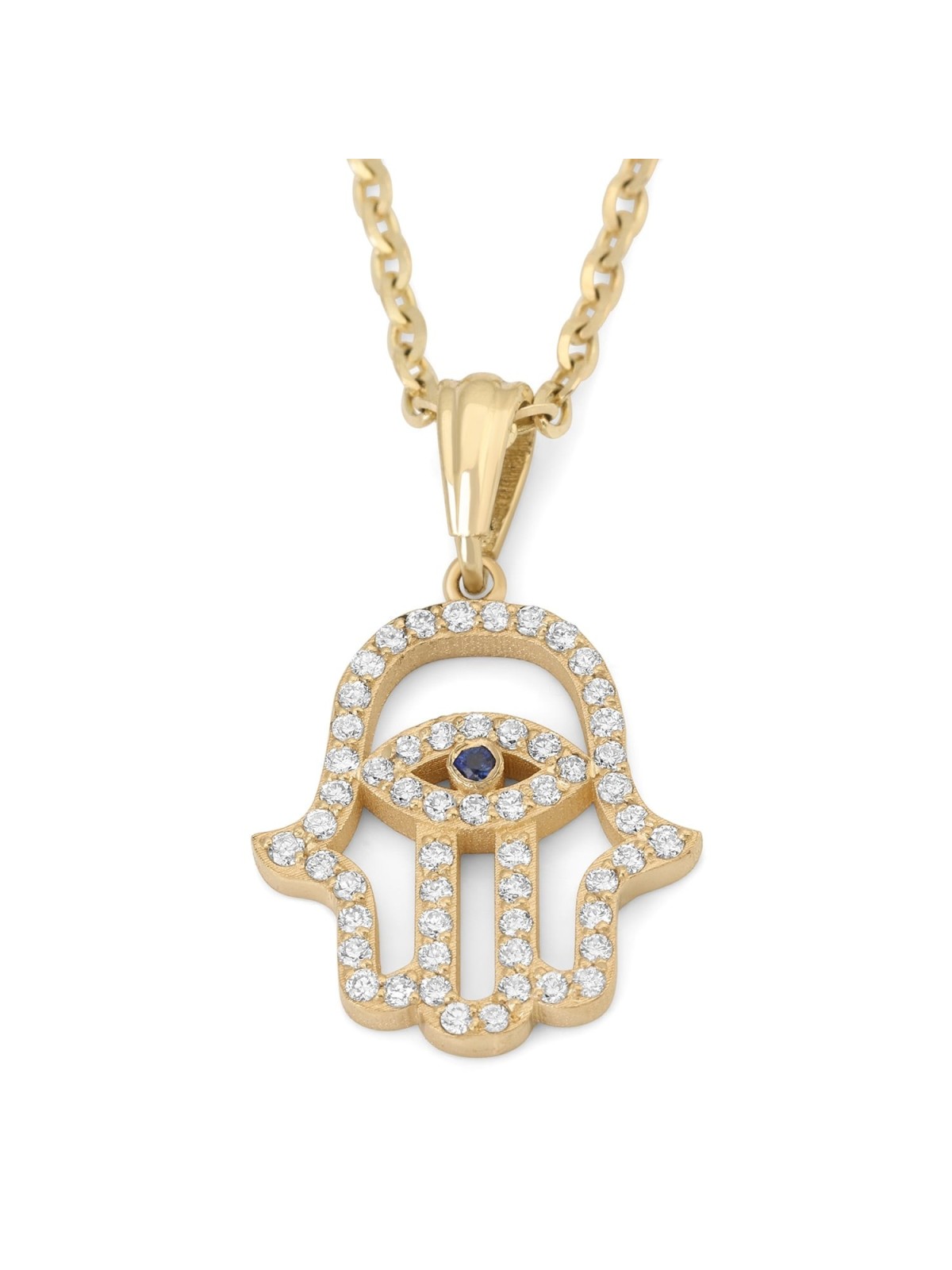 Pendentif contour Hamsa clouté de diamants en or 14 carats pour femmes avec saphir