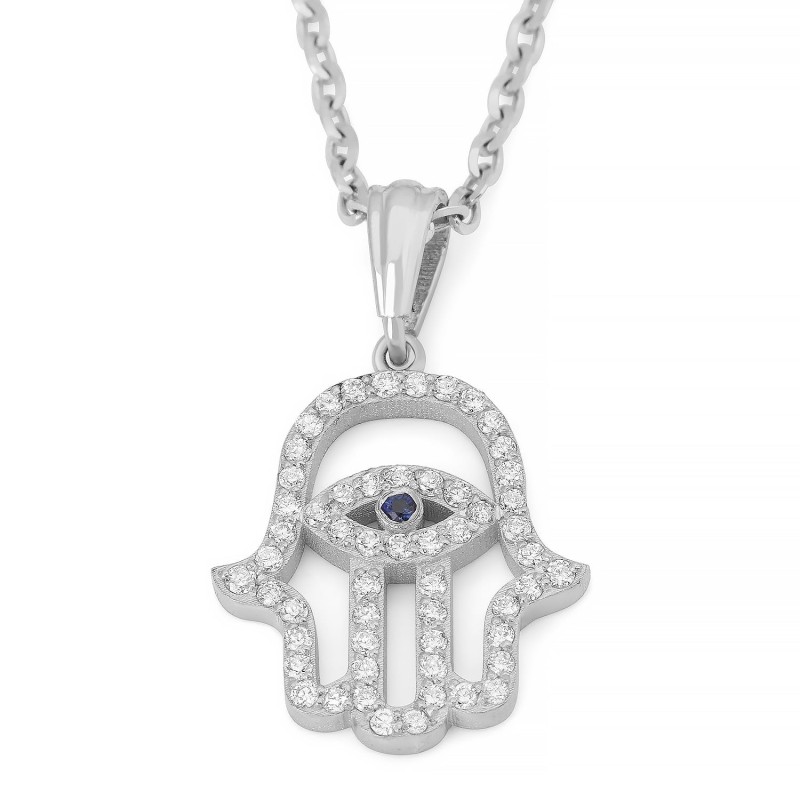 Pendentif contour Hamsa clouté de diamants en or 14 carats pour femmes avec saphir