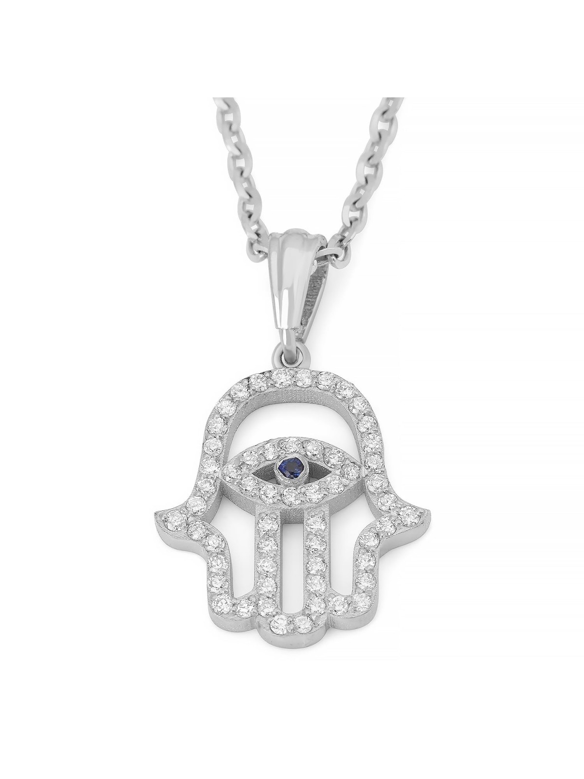 Women's 14K Gold Diamond Studded Hamsa Outline Pendant with Sapphire