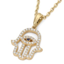 Women's 14K Gold Diamond Studded Hamsa Outline Pendant with Sapphire