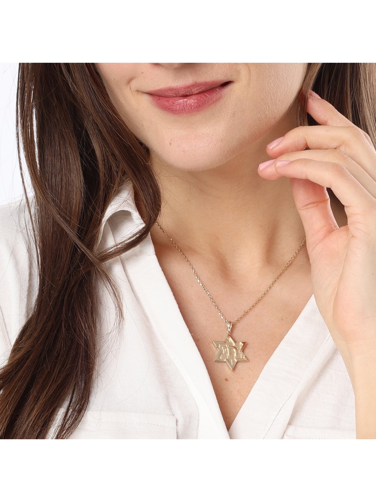 Pendentif Chai et étoile de David en or 14 carats avec motif mur Occidental - Col