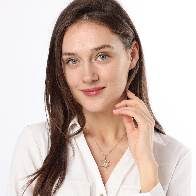 Pendentif Chai et étoile de David en or 14 carats avec motif mur Occidental - Col