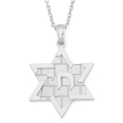14K Gold Chai and Star of David Pendant with Western Wall Design - Col
