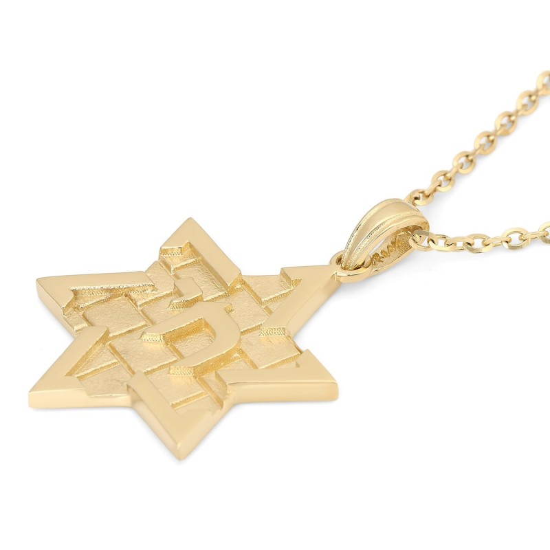 14K Gold Chai and Star of David Pendant with Western Wall Design - Col