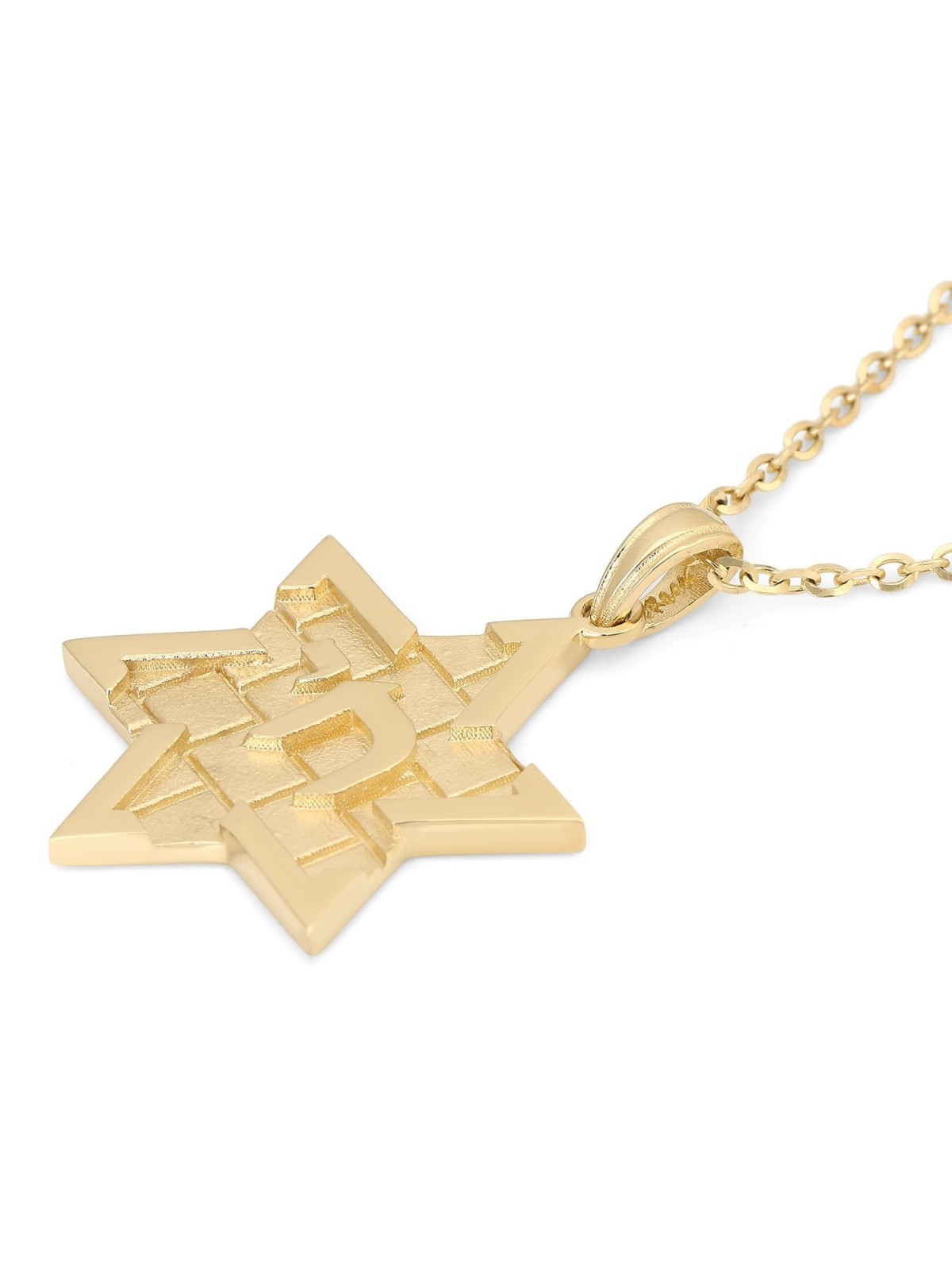 14K Gold Chai and Star of David Pendant with Western Wall Design - Col