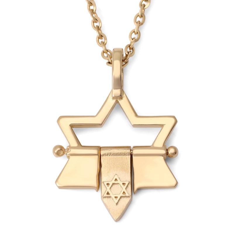 14K Gold Open Star of David Pendant with Dangling Star of David - Yell