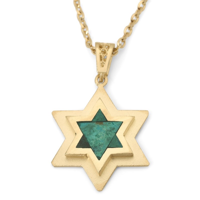 Pendentif double étoile de David en or 14 carats avec pierre d'Eilat - Unisexe