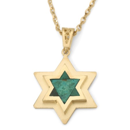 Pendentif double étoile de David en or 14 carats avec pierre d'Eilat - Unisexe