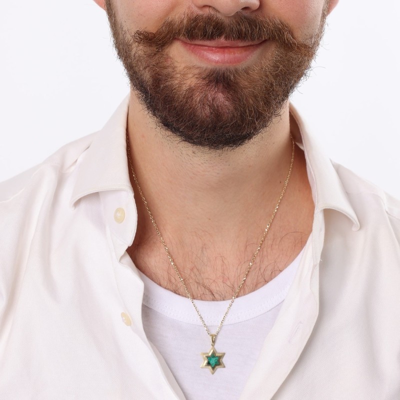 14K Gold Double Star of David Pendant with Eilat Stone - Unisex