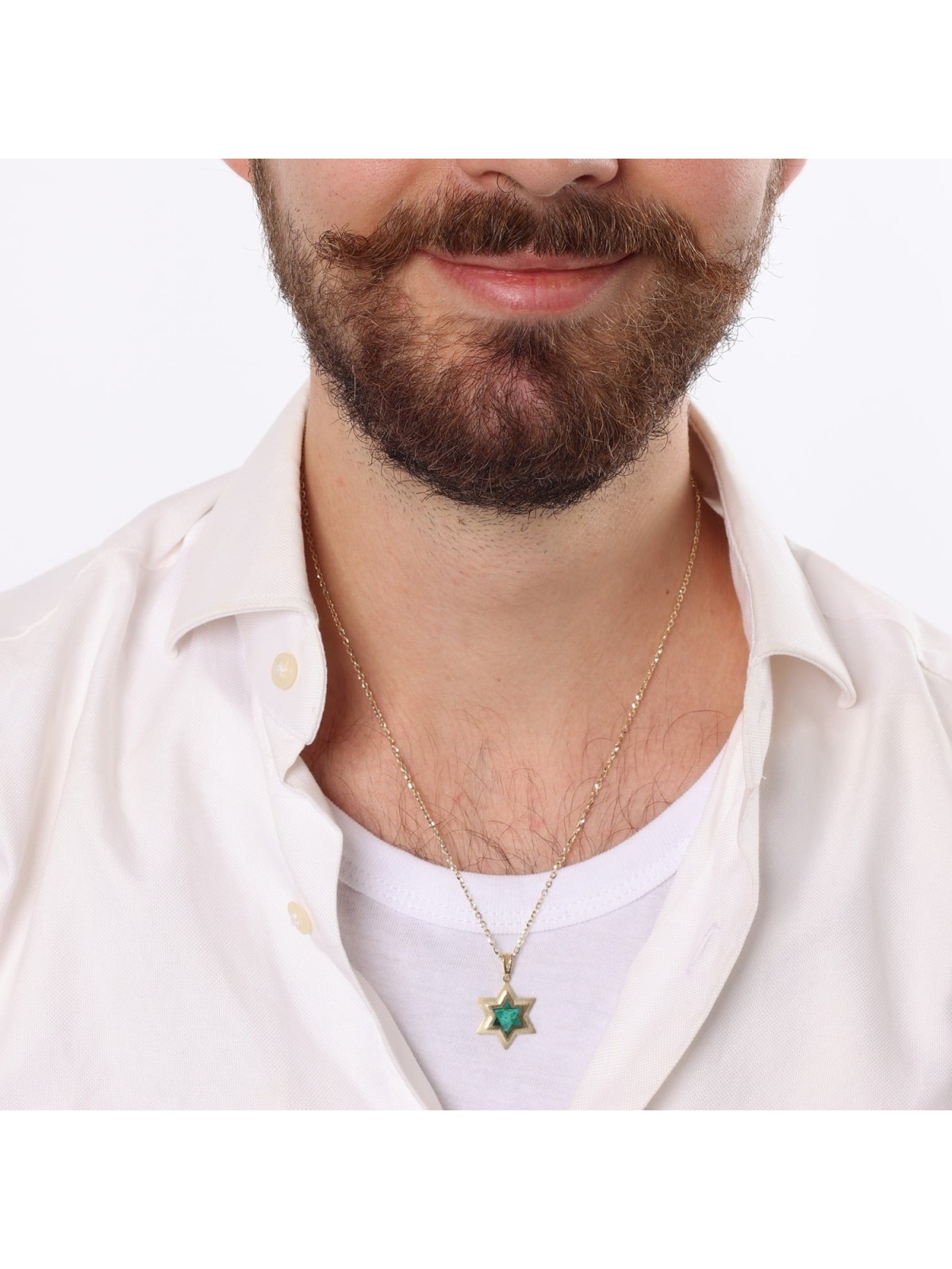 14K Gold Double Star of David Pendant with Eilat Stone - Unisex