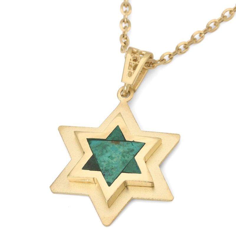 Pendentif double étoile de David en or 14 carats avec pierre d'Eilat - Unisexe