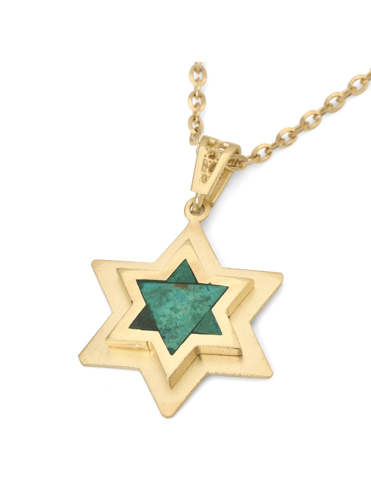 Pendentif double étoile de David en or 14 carats avec pierre d'Eilat - Unisexe