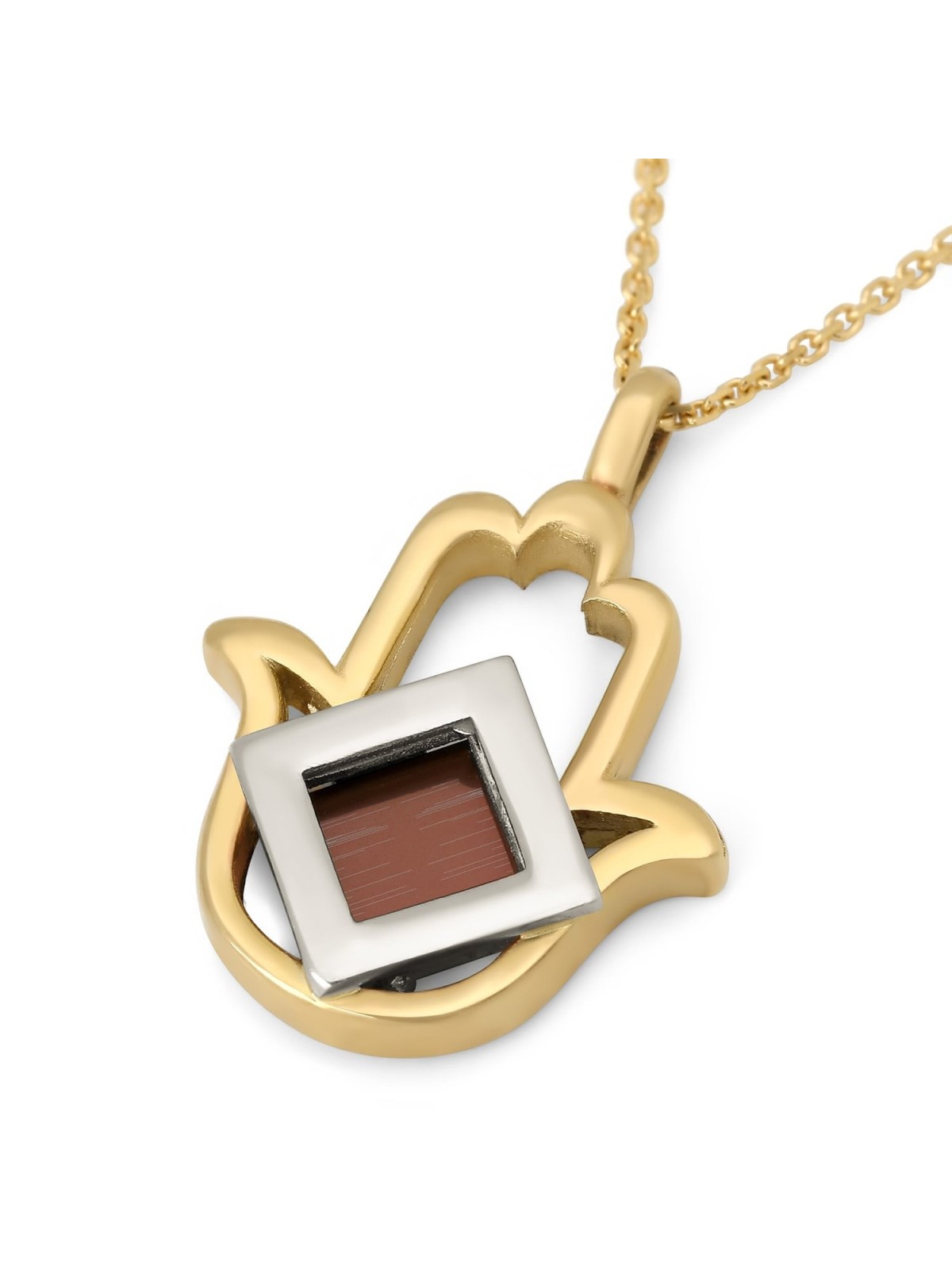14K Gold Cut-Out Hamsa Pendant with Micro Tanach Chip and Sterling Sil