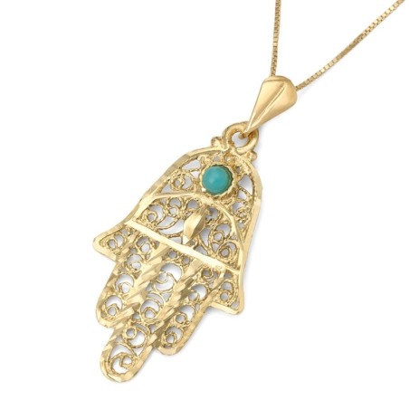 14K Gold Women's Hamsa Pendant with Ornate Design and Turquoise Stone
