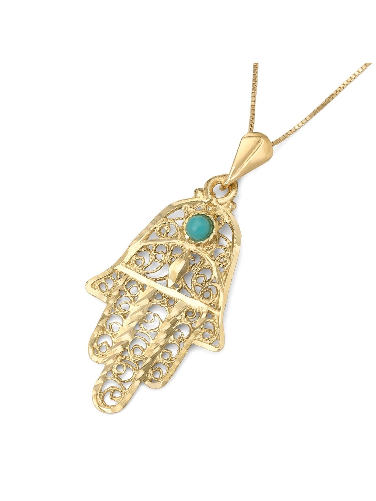 תליון חמסה זהב 14K לנשים בעיצוב מעוטר ואבן טורקיז