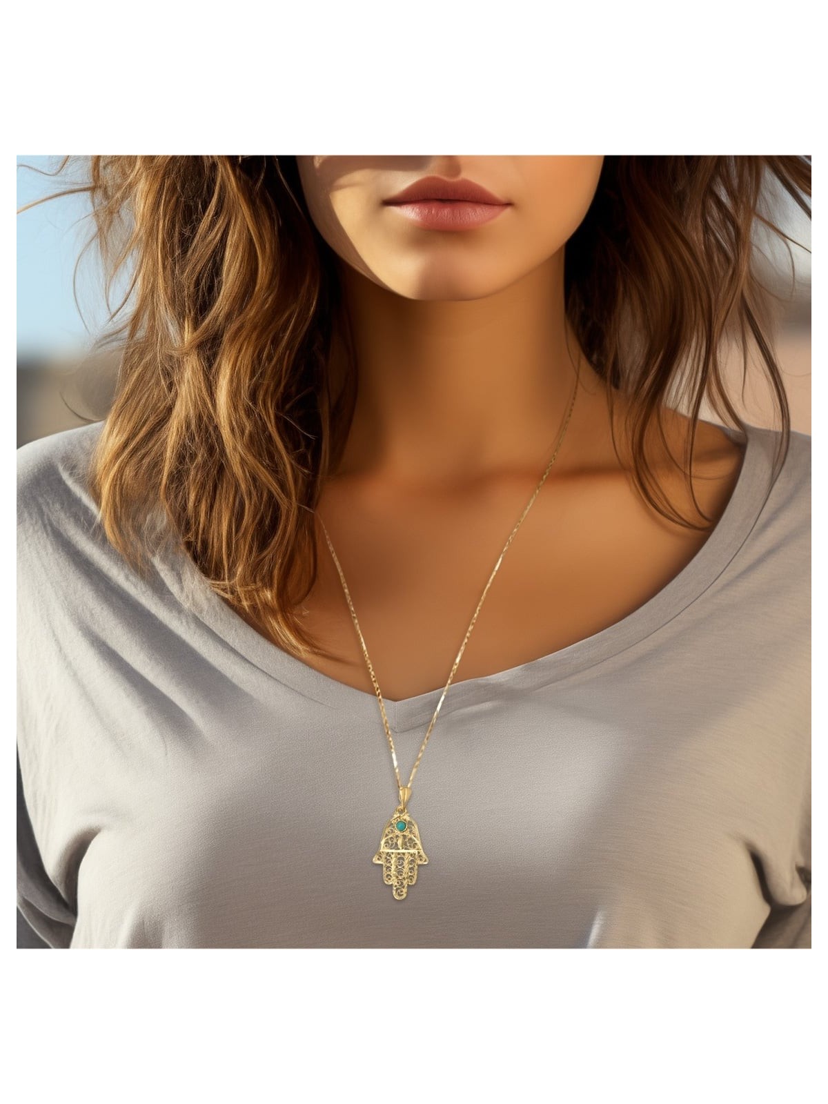 14K Gold Women's Hamsa Pendant with Ornate Design and Turquoise Stone