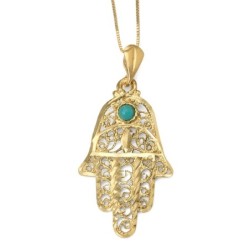 14K Gold Women's Hamsa Pendant with Ornate Design and Turquoise Stone