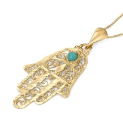14K Gold Women's Hamsa Pendant with Ornate Design and Turquoise Stone