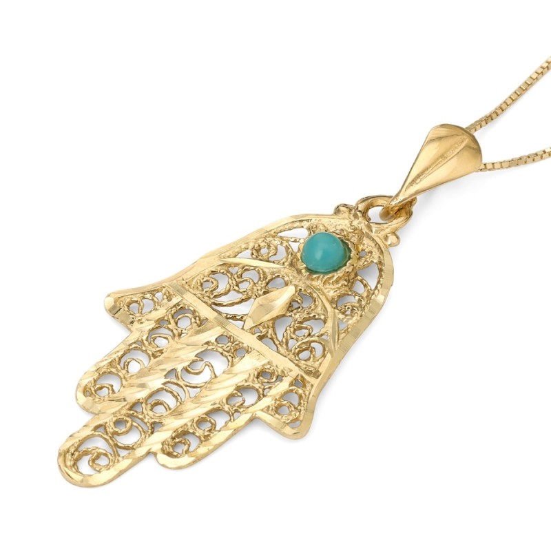 14K Gold Women's Hamsa Pendant with Ornate Design and Turquoise Stone