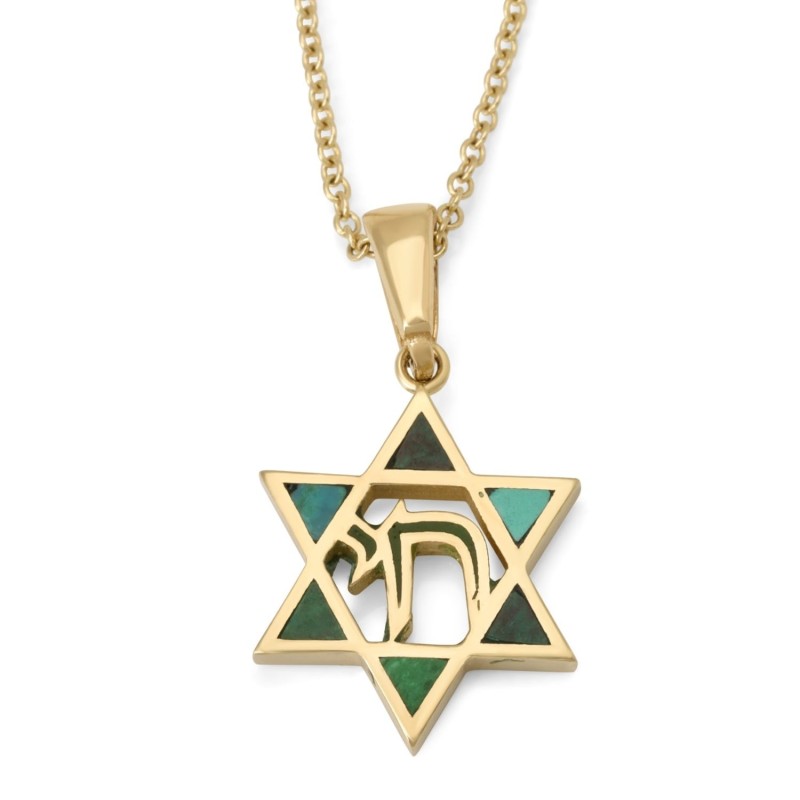 Pendentif délicat étoile de David en or jaune 14 carats pour femme avec Chai et E
