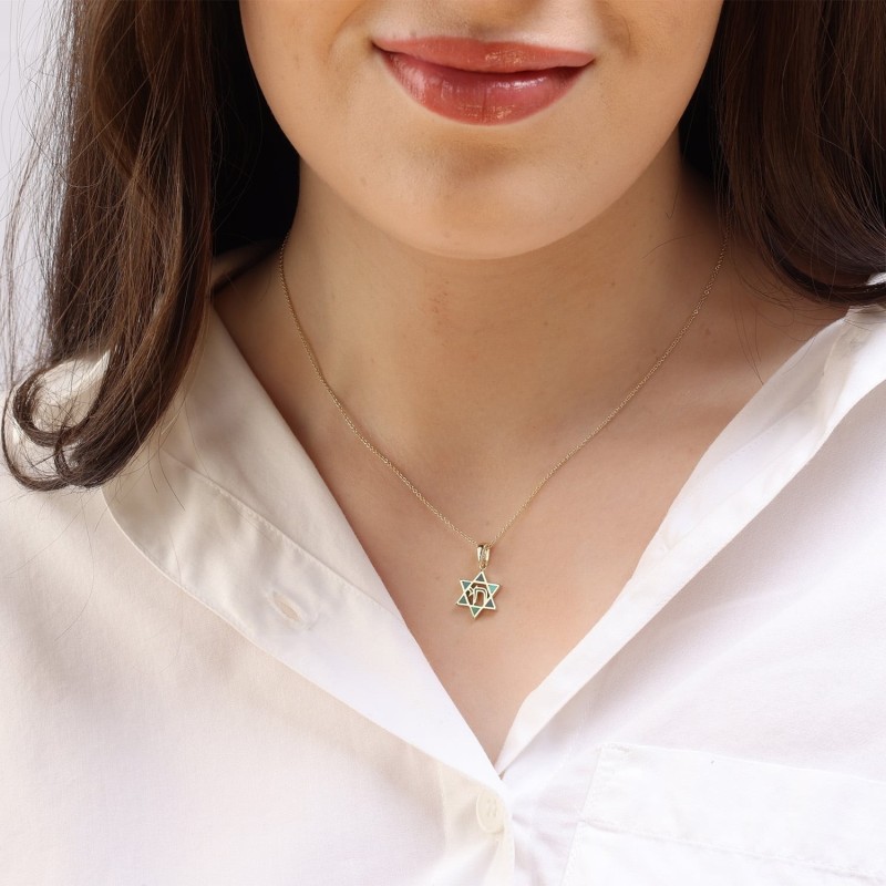 Dainty 14K Yellow Gold Star of David Pendant for Women with Chai and E