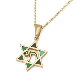 Dainty 14K Yellow Gold Star of David Pendant for Women with Chai and E