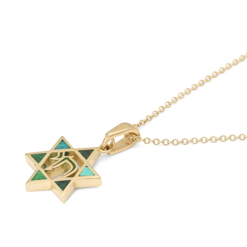 Pendentif délicat étoile de David en or jaune 14 carats pour femme avec Chai et E