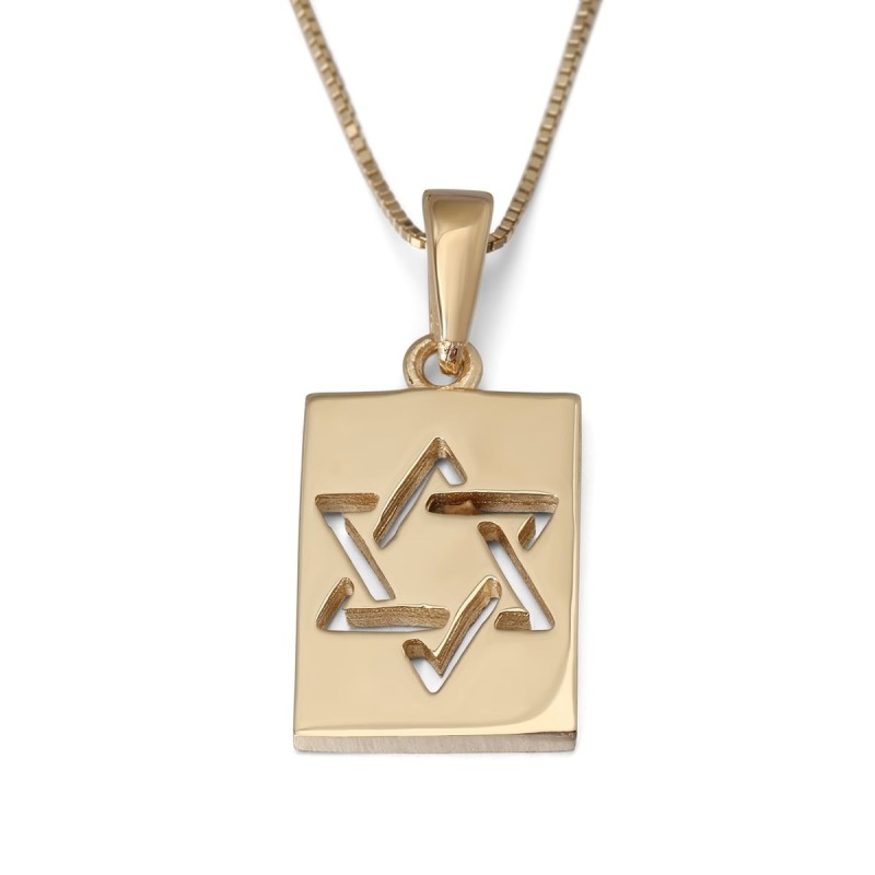 Collier pendentif étoile de David rectangulaire 14 carats