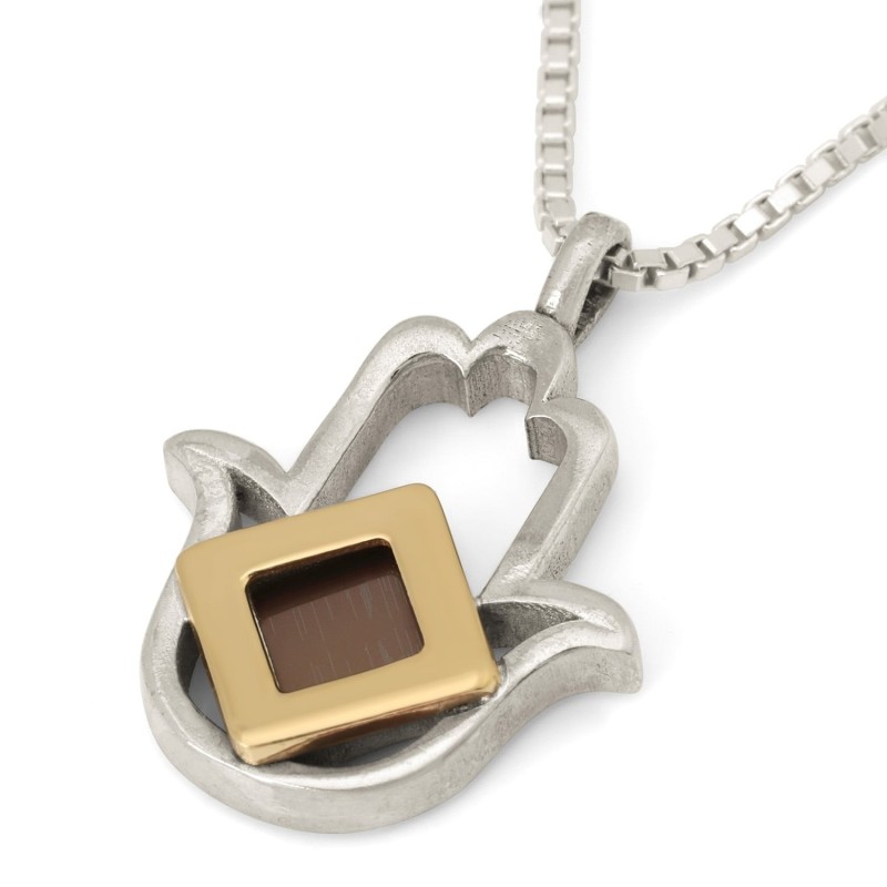 Pendentif Hamsa en argent sterling bicolore avec puce Micro Tanach et 14K
