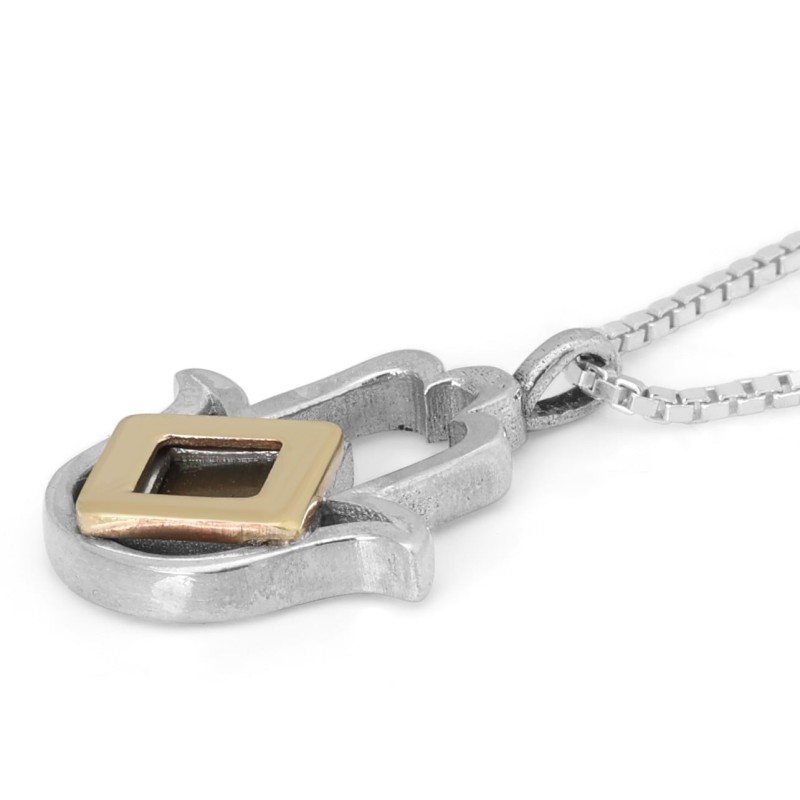 Two-Tone Sterling Silver Hamsa Pendant with Micro Tanach Chip and 14K