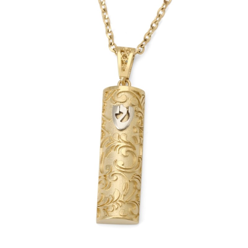 Pendentif en forme de mezouza en or jaune 14 carats pour femme avec un design orné et