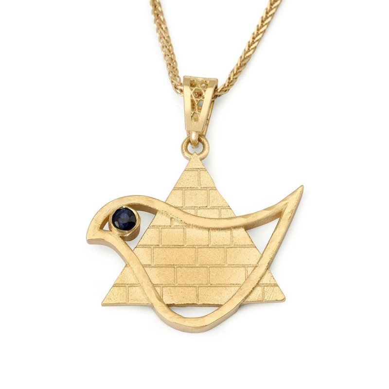 Pendentif étoile de David et colombe de la paix en or 14 carats avec saphir et Wes