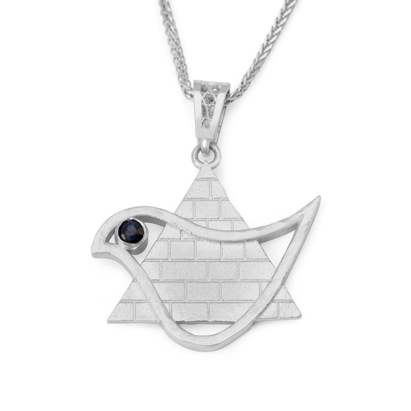 Pendentif étoile de David et colombe de la paix en or 14 carats avec saphir et Wes