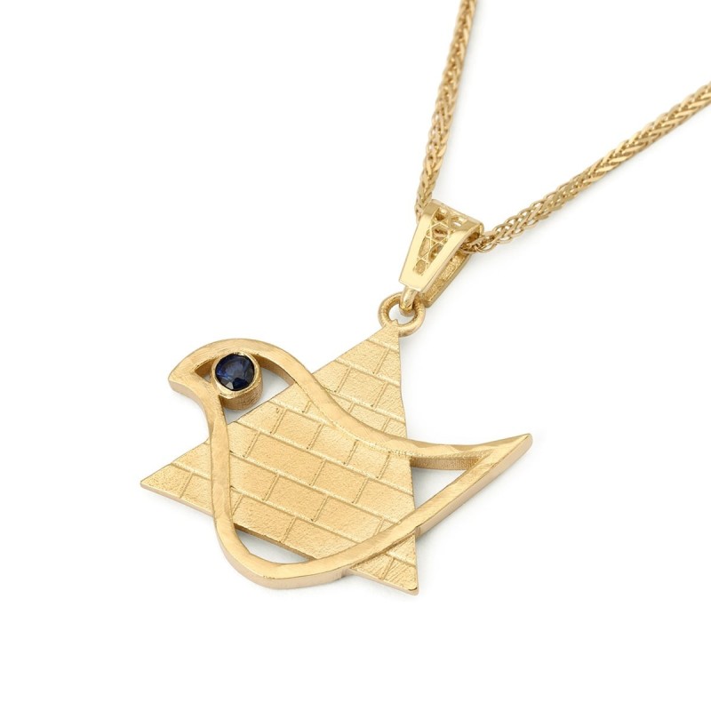 Pendentif étoile de David et colombe de la paix en or 14 carats avec saphir et Wes