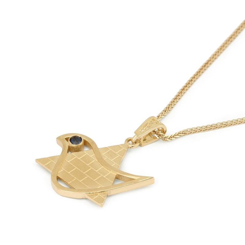 Pendentif étoile de David et colombe de la paix en or 14 carats avec saphir et Wes