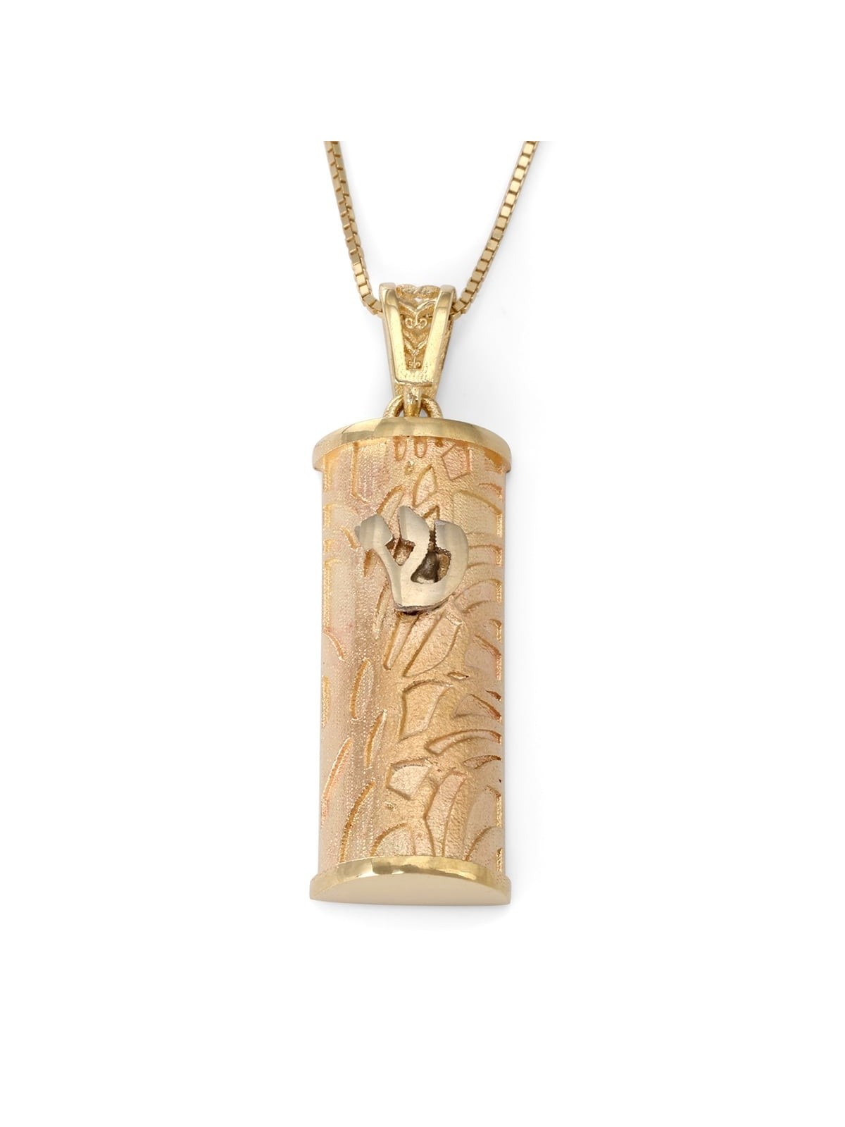 14K Gold Mezuzah Pendant with Elegant Flowing Lines & Shin