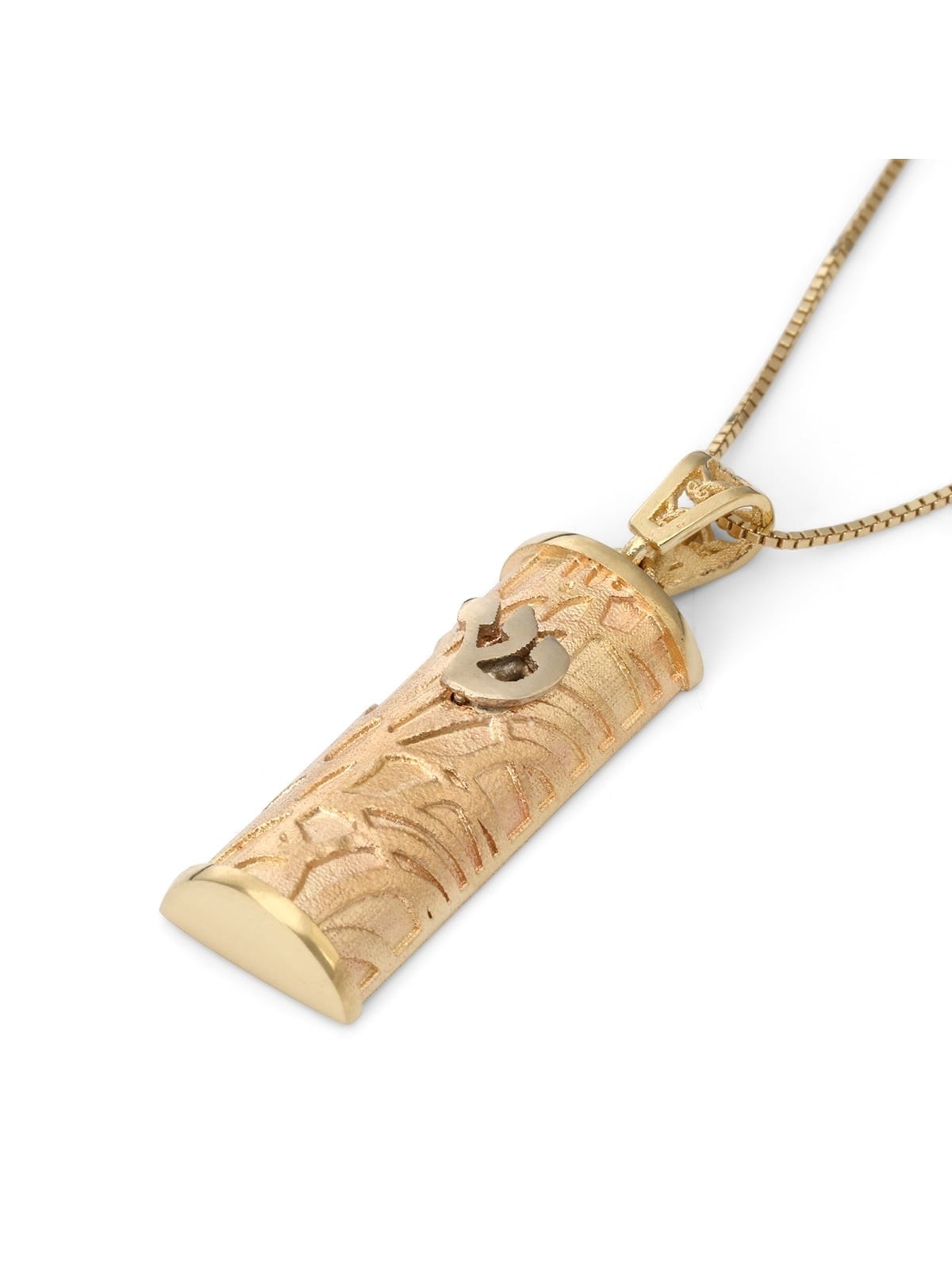 14K Gold Mezuzah Pendant with Elegant Flowing Lines & Shin