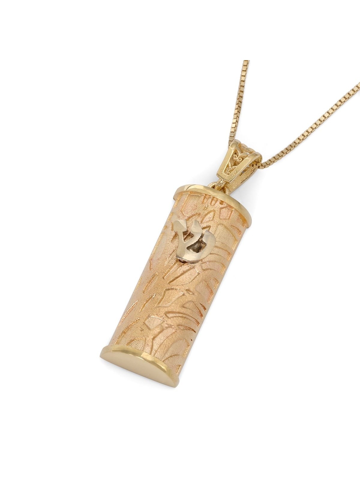 14K Gold Mezuzah Pendant with Elegant Flowing Lines & Shin