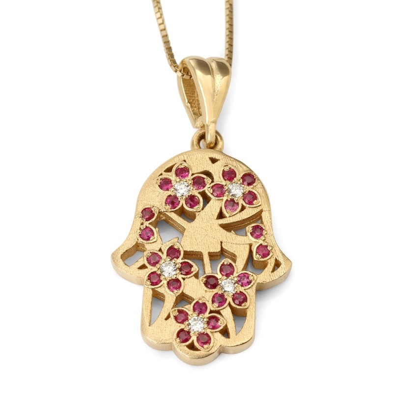 Collier pendentif diamant et rubis Hamsa en or 14 carats