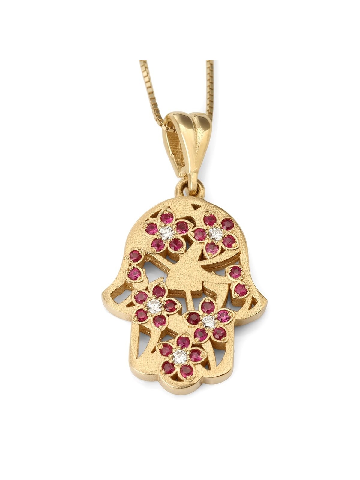 Collier pendentif diamant et rubis Hamsa en or 14 carats
