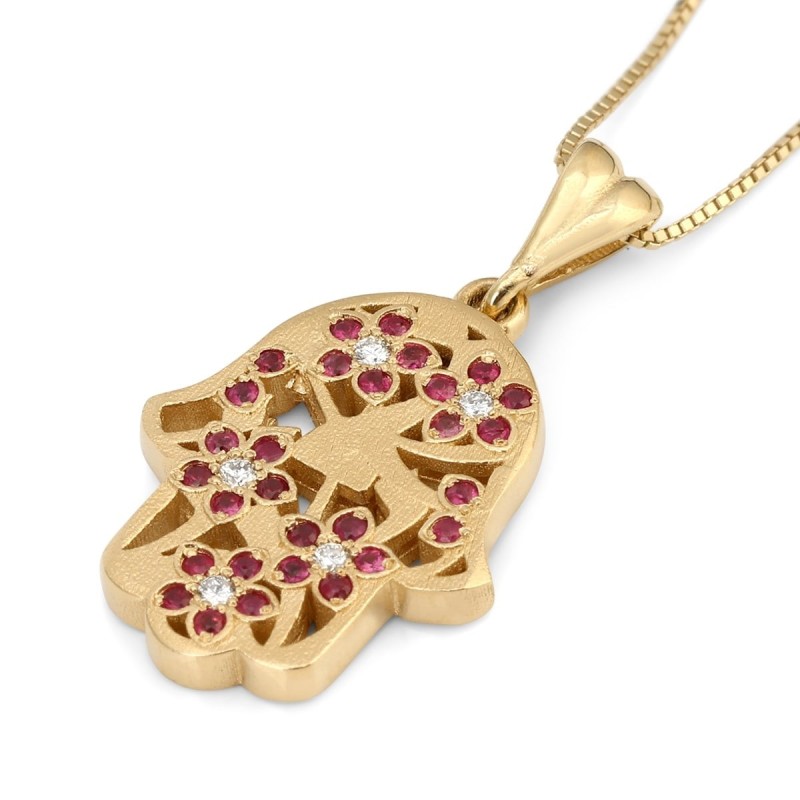 Collier pendentif diamant et rubis Hamsa en or 14 carats