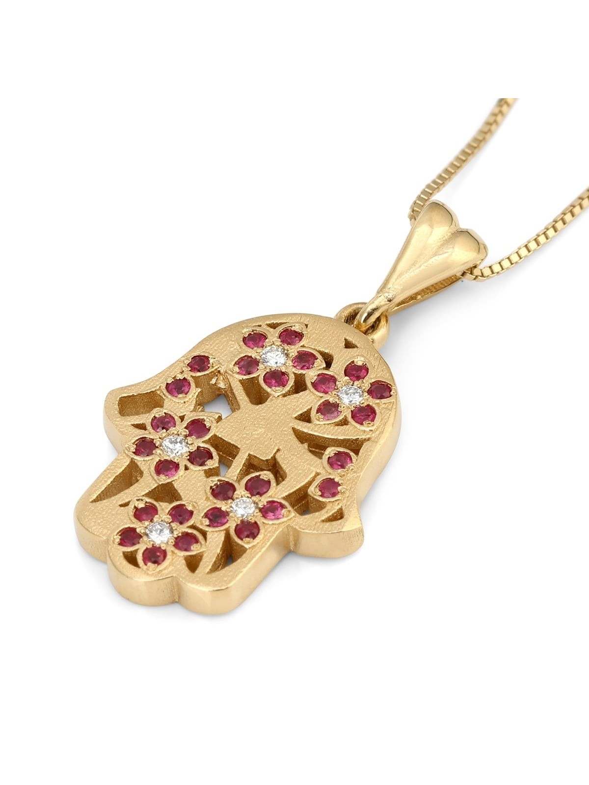 Collier pendentif diamant et rubis Hamsa en or 14 carats