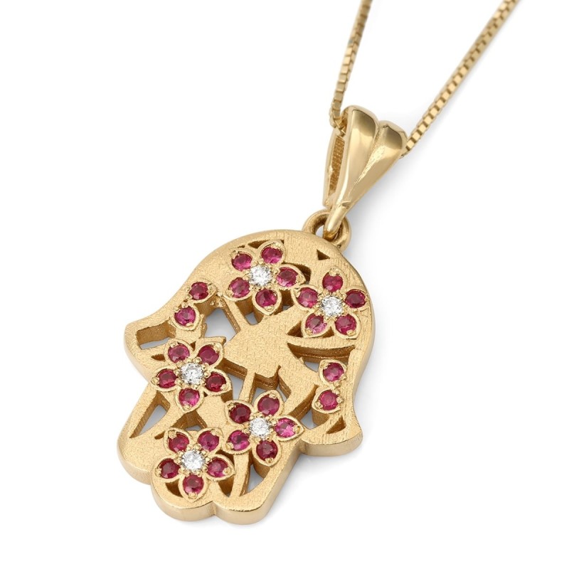 Collier pendentif diamant et rubis Hamsa en or 14 carats