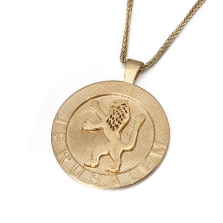 Pendentif circulaire Lion de Juda Jérusalem en or 14 carats pour hommes