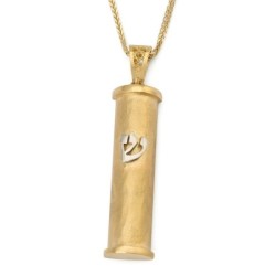 14K Gold Cylinder Mezuzah Pendant with White Gold Shin and Hammered Te